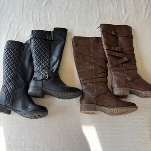 Lot of 2 Womens Tall Boots Black Quilted & Brown Multi Strap Buckle 8 8.5